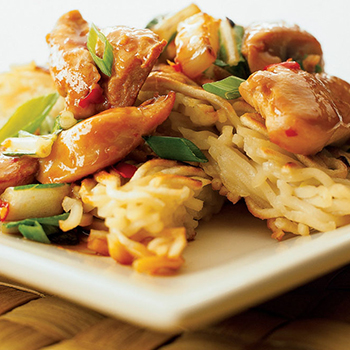 Recipe Spicy Stir-Fried Chicken and Bok Choy with Crispy Noodle Cake