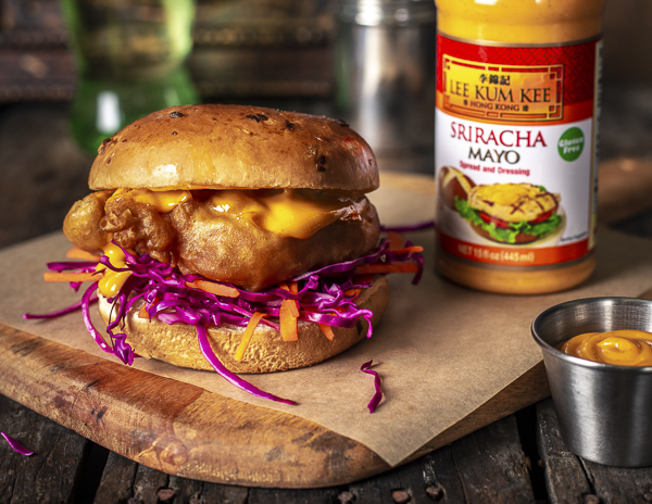 Fried chicken sandwich recipe – tempura chicken tender on brioche bun with coleslaw and Sriracha mayo