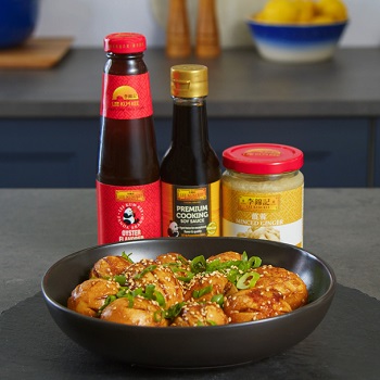 A bowl of crispy tiger skin eggs with the Lee Kum Kee sauces used in the recipe