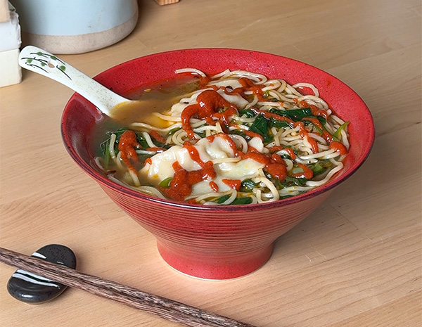 A dumpling noodle soup recipe made in the rice cooker.