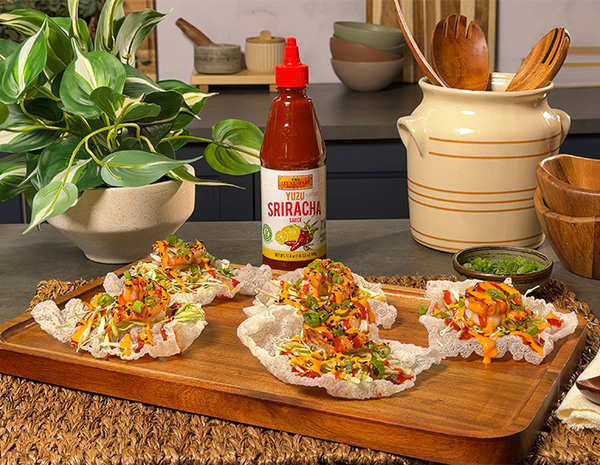 A rice paper tacos recipe with a spicy shrimp filling.