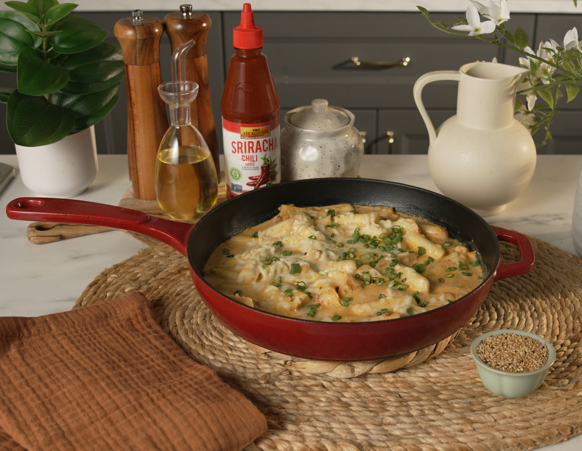 A comforting Rose Tteokbokki recipe made with Lee Kum Kee Sriracha.