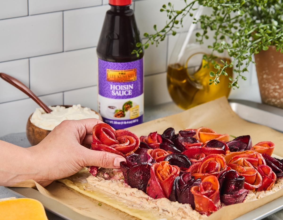 A rose vegetable tart recipe with a base of Lee Kum Kee Hoisin caramelized shallots.