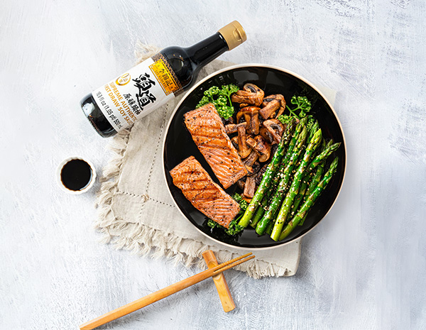 A soy sauce salmon recipe of salmon filets and mushrooms cooked with soy sauce and served with asparagus.