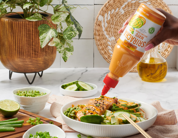 An easy salmon rice bowl recipe made with Lee Kum Kee Sriracha Mayo.