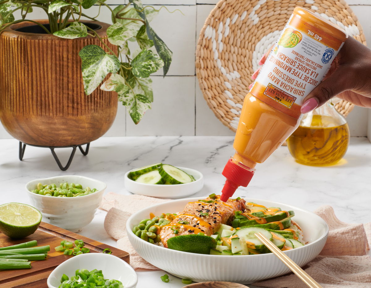 A salmon rice bowl recipe finished with Lee Kum Kee Sriracha Mayo.