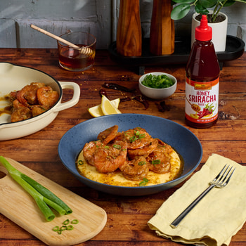 A shrimp and grits recipe with Lee Kum Kee hot honey glaze.