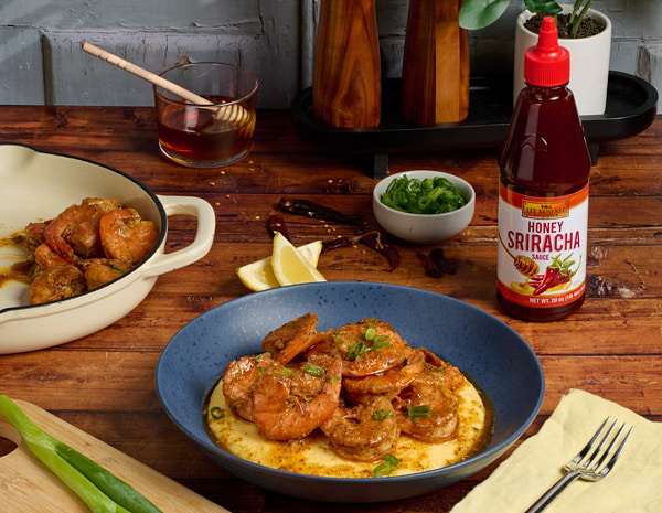 A shrimp and grits recipe with Lee Kum Kee hot honey glaze.