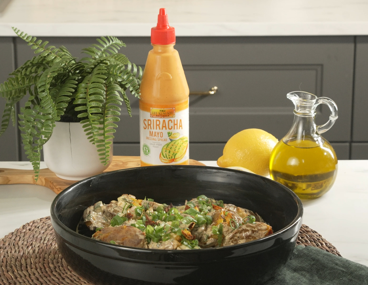 A spicy crispy smashed potato salad recipe perfect for gameday.