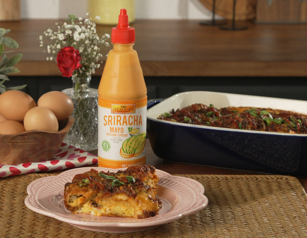 A Croissant Breakfast Bake Recipe made with Lee Kum Kee Sriracha sauces. 