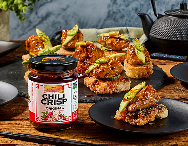 A spicy salmon crispy rice recipe made with an original chili crisp mayo.