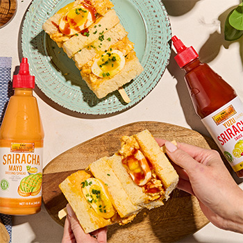 A tamago sando recipe made with Sriracha Mayo and spicy Yuzu Sriracha.