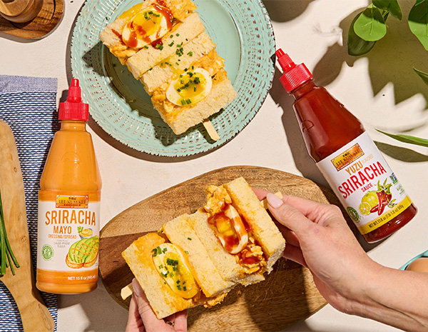 A tamago sando recipe made with Sriracha Mayo and spicy Yuzu Sriracha.