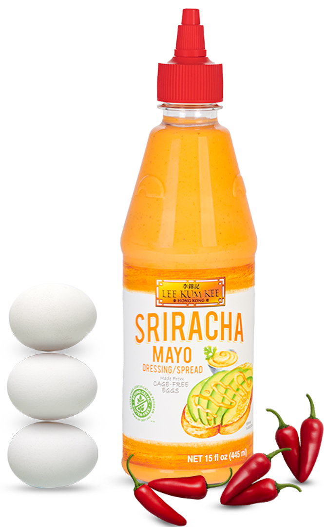 Bottle of Lee Kum Kee Sriracha Mayo, a creamy and spicy mayonnaise perfect for sandwiches, burgers, and dipping sauces.
