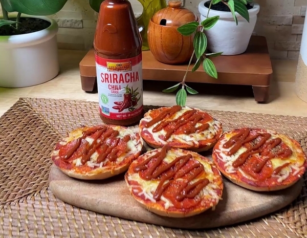 A spicy pizza bagels recipe made with Lee Kum Kee Sriracha