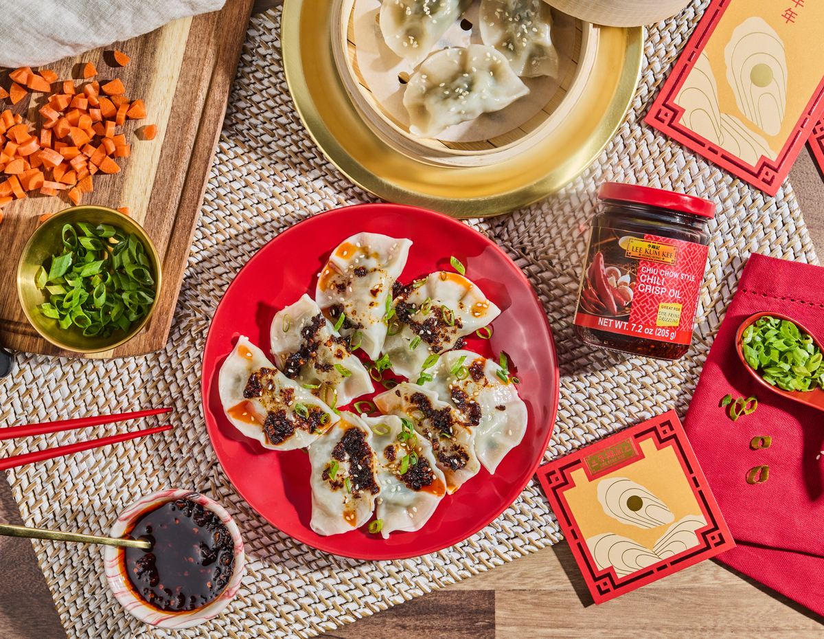 A steamed dumplings recipe for Lunar New Year with Lee Kum Kee Chili Crisp Oil dipping sauce.