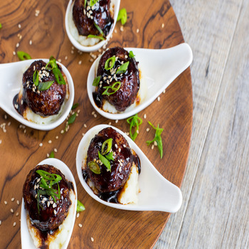 Sticky Asian Meatballs with Sesame Mash 350x350