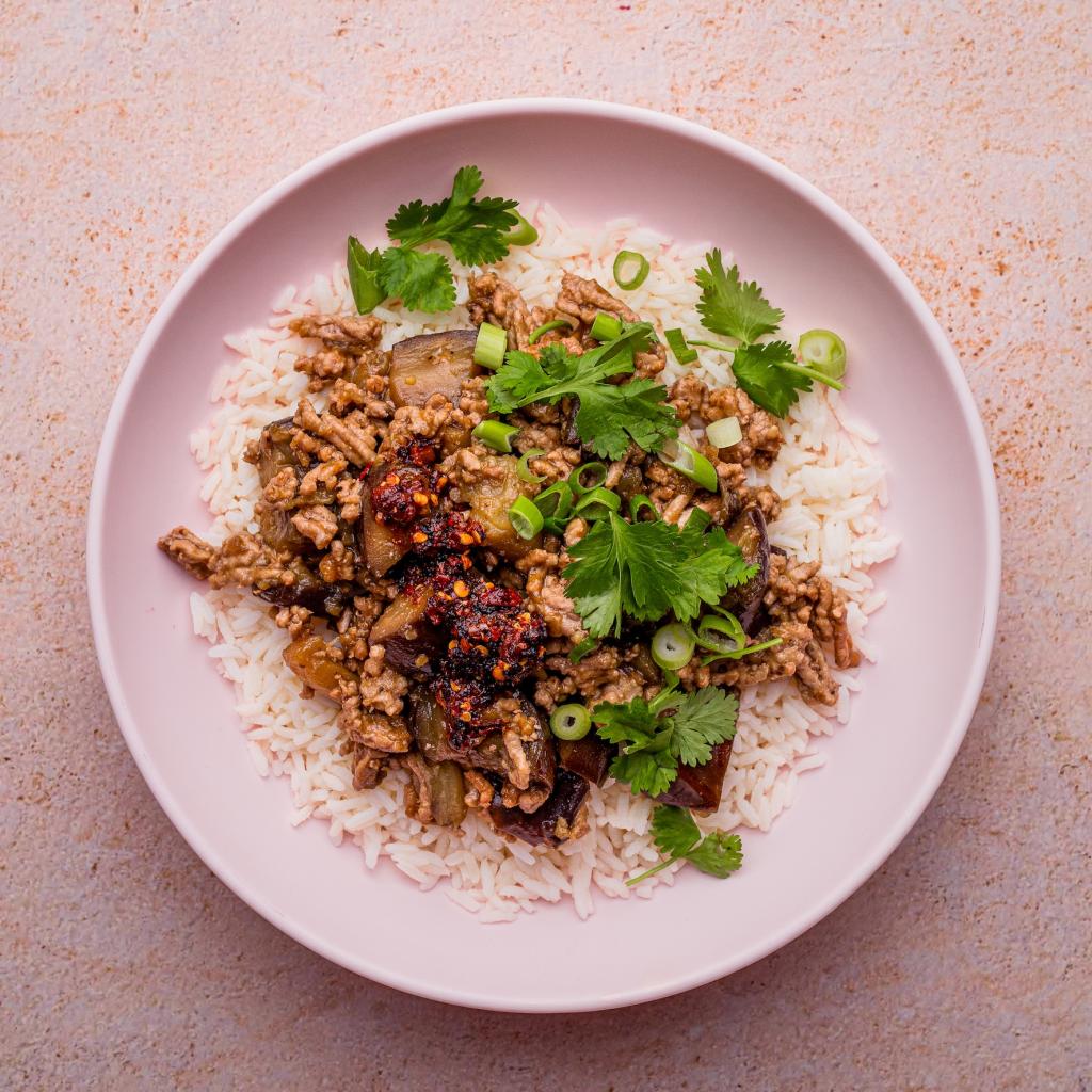 Sticky Eggplant  Pork Bowl with Rice  Chilli Crisp