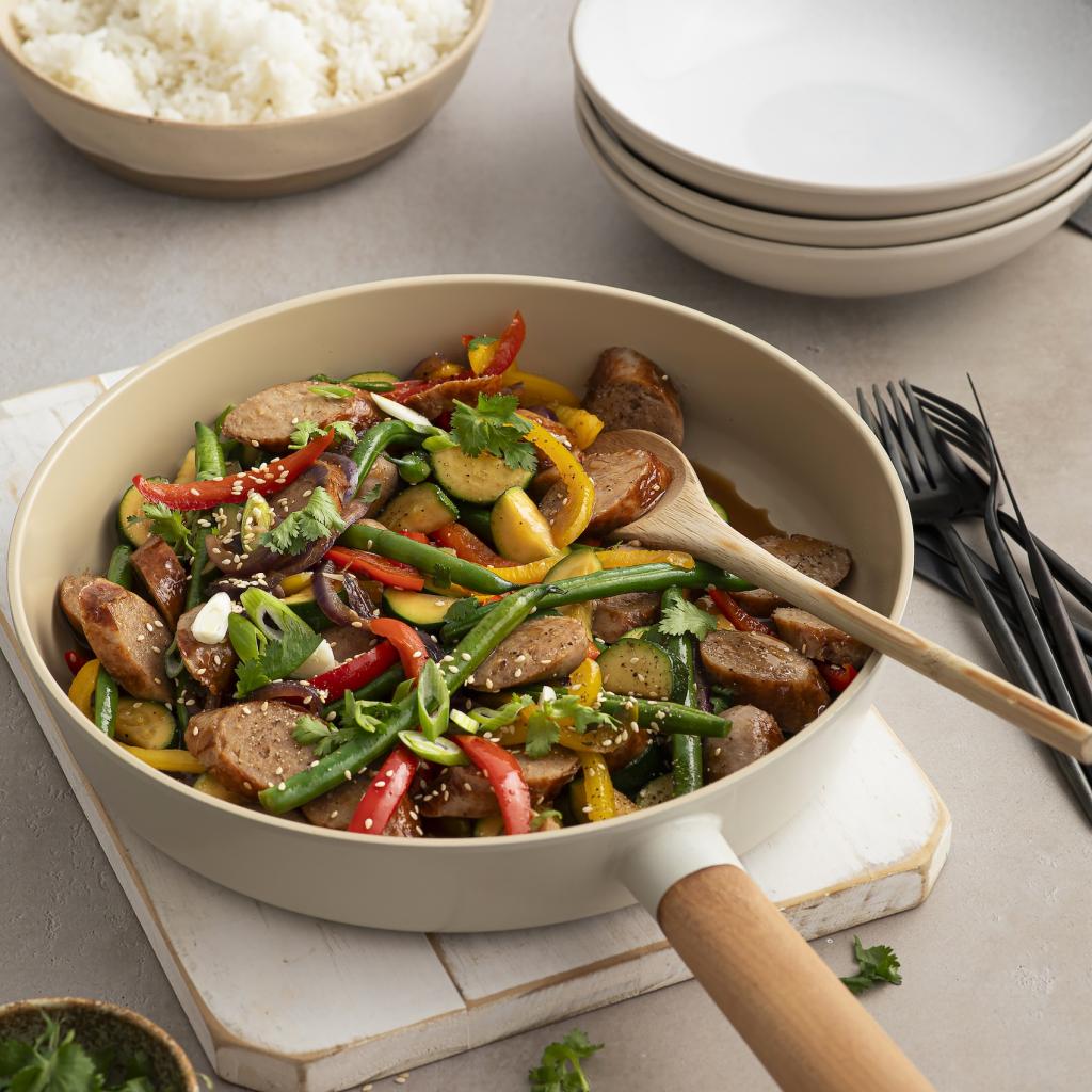 Sticky Sausage  Summer Veg StirFry
