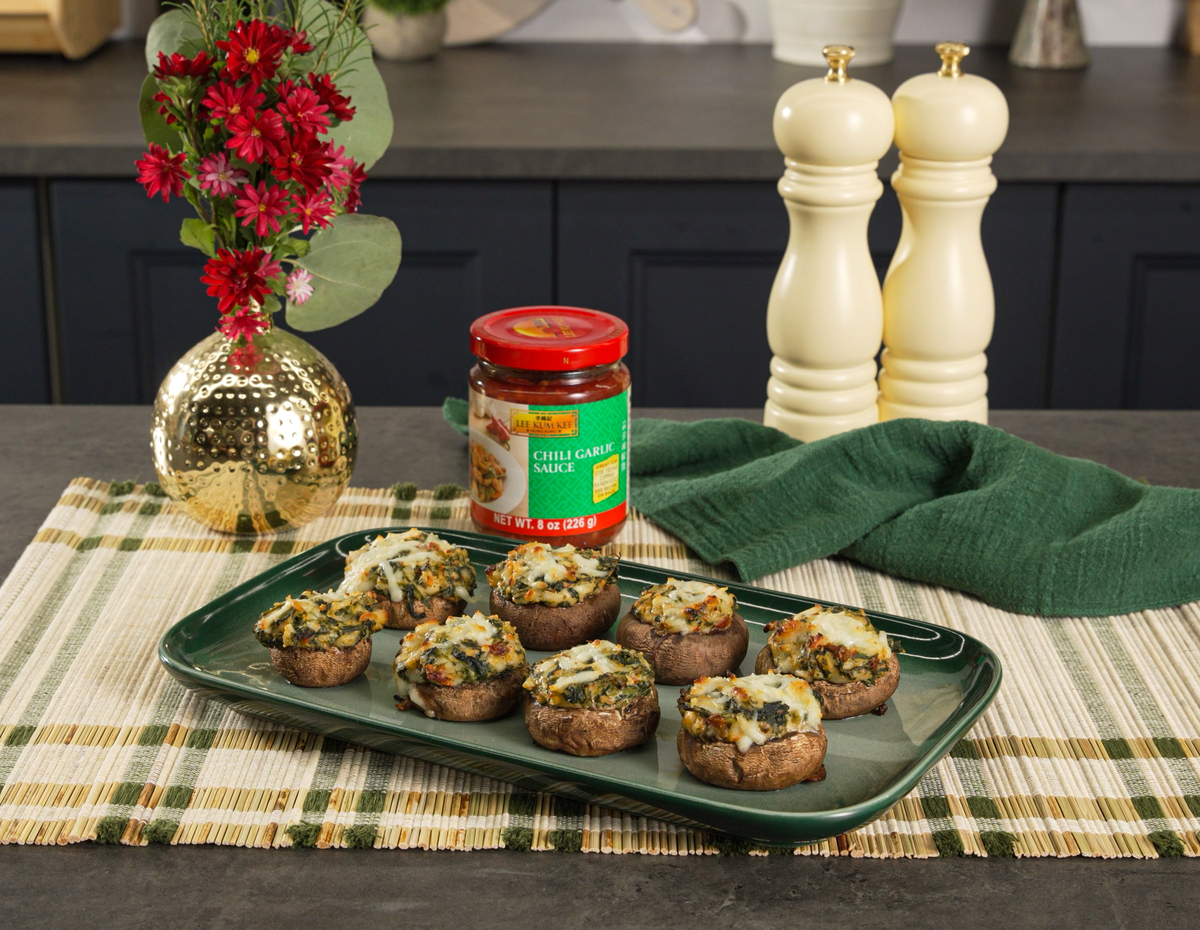 A vegetarian stuffed mushrooms with cream cheese recipe made with Lee Kum Kee Chili Garlic Sauce