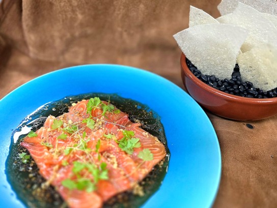 Tasmanian Salmon Rice Crisp Garlic  Soy Vinaigrette