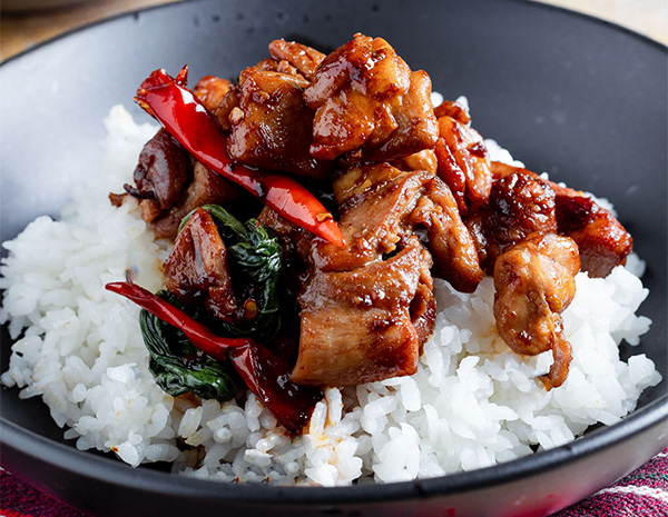 A three cup chicken recipe, or San Bei ji, served over rice.