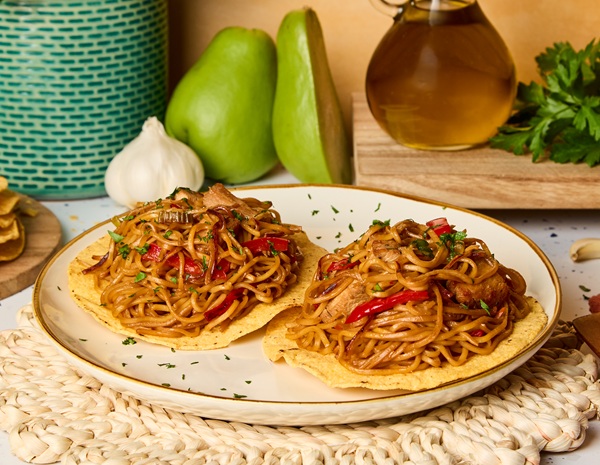 A Tostadas de Chow Mein Recipe made with Lee Kum Kee sauces.