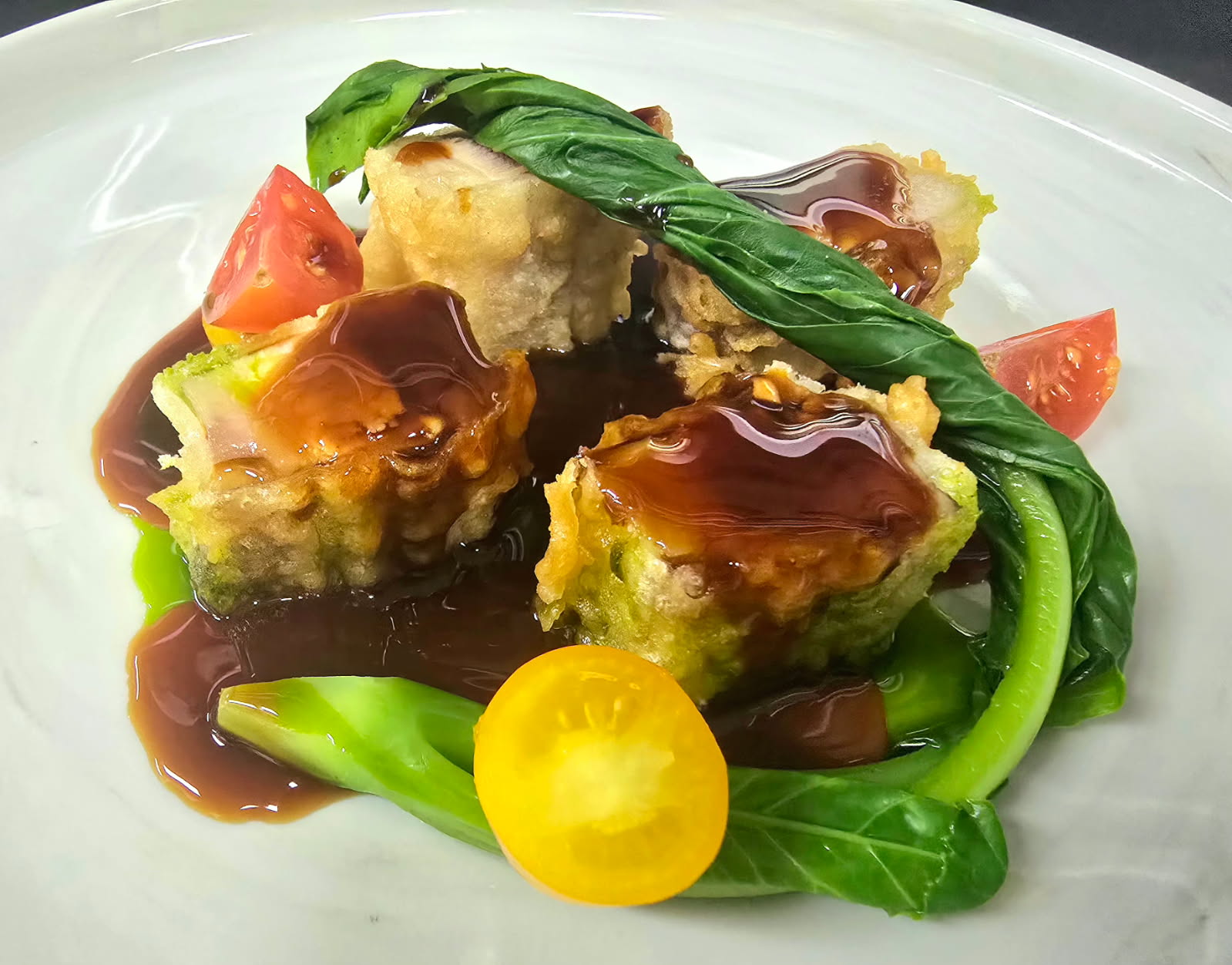 Tsing Tao Beer Battered Free Range Pork Belly Compressed Cherry Tomato Caramelized Chinese Chinkiang