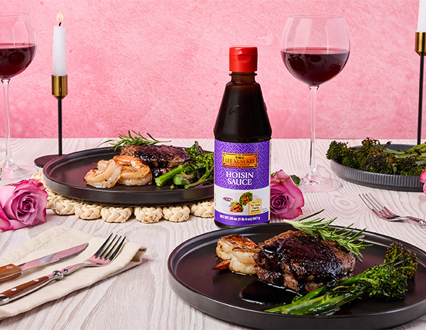 A surf and turf recipe for Valentine's Day with a hoisin red wine reduction.