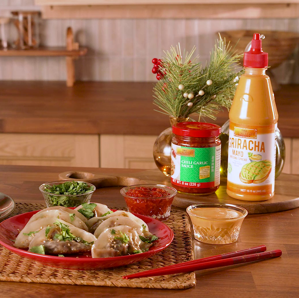 Easy Vegetarian Dumplings Recipe sized for a holiday gathering, made with Lee Kum Kee Panda Brand Mushroom Flavored Dark Soy Sauce.