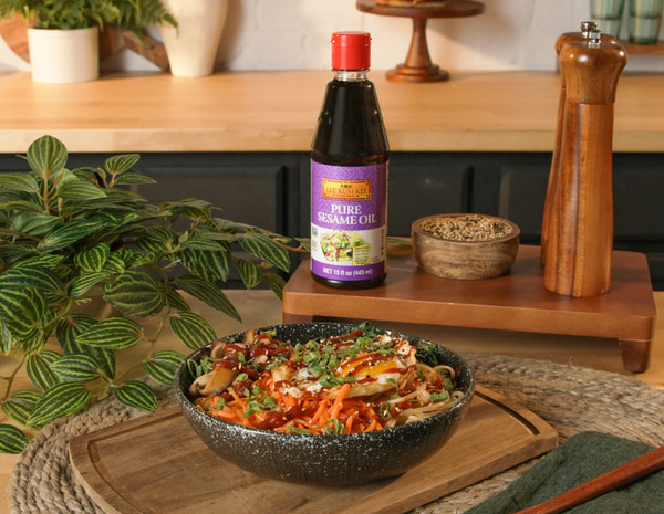 A veggie bibimbap with brown rice recipe made with Lee Kum Kee sauces.