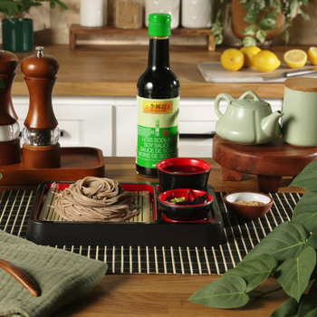 A zaru soba recipe with Lee Kum Kee Less Sodium Soy for dipping the cold soba.
