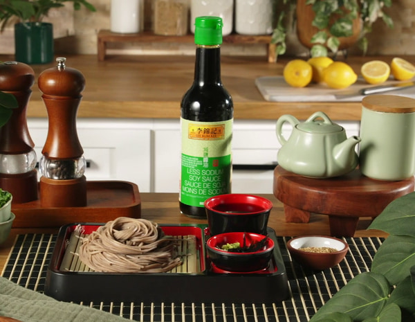 A zaru soba recipe with Lee Kum Kee Less Sodium Soy for dipping the cold soba.
