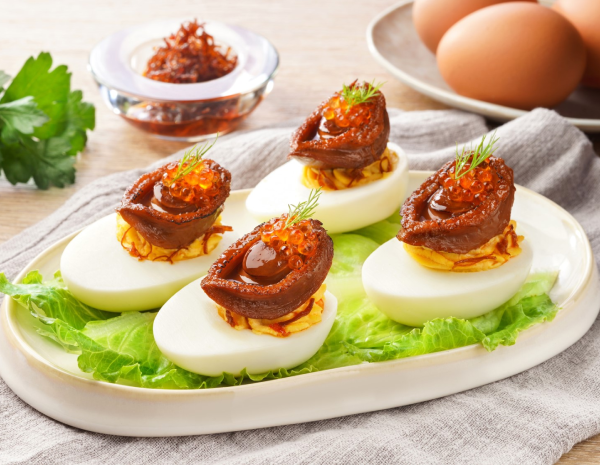 Abalone XO Deviled Eggs & Ikura 600x465