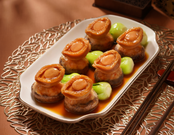 Abalone and Shrimp Paste Stuffed Mushrooms in Premium Oyster sauce
