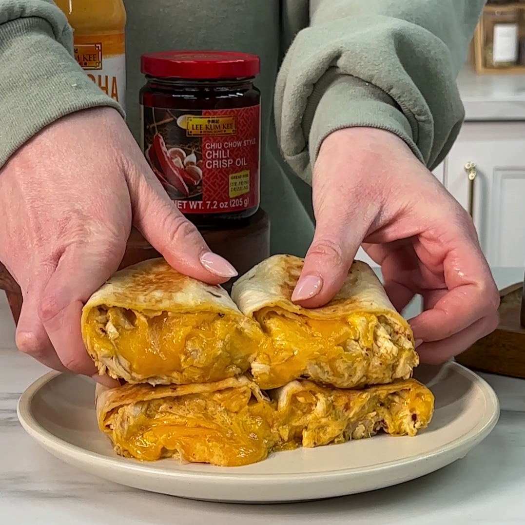 A cheesy chicken wrap recipe made with Lee Kum Kee chili sauces.