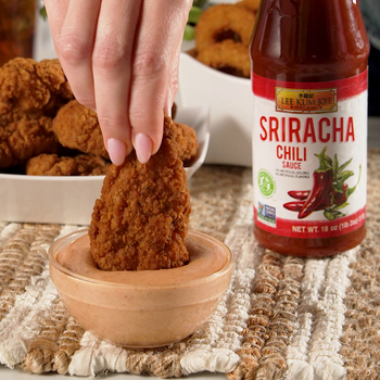 An easy chicken finger dipping sauce with other dipping options like fries and onion rings, made with Lee Kum Kee Sriracha Chili Sauce.