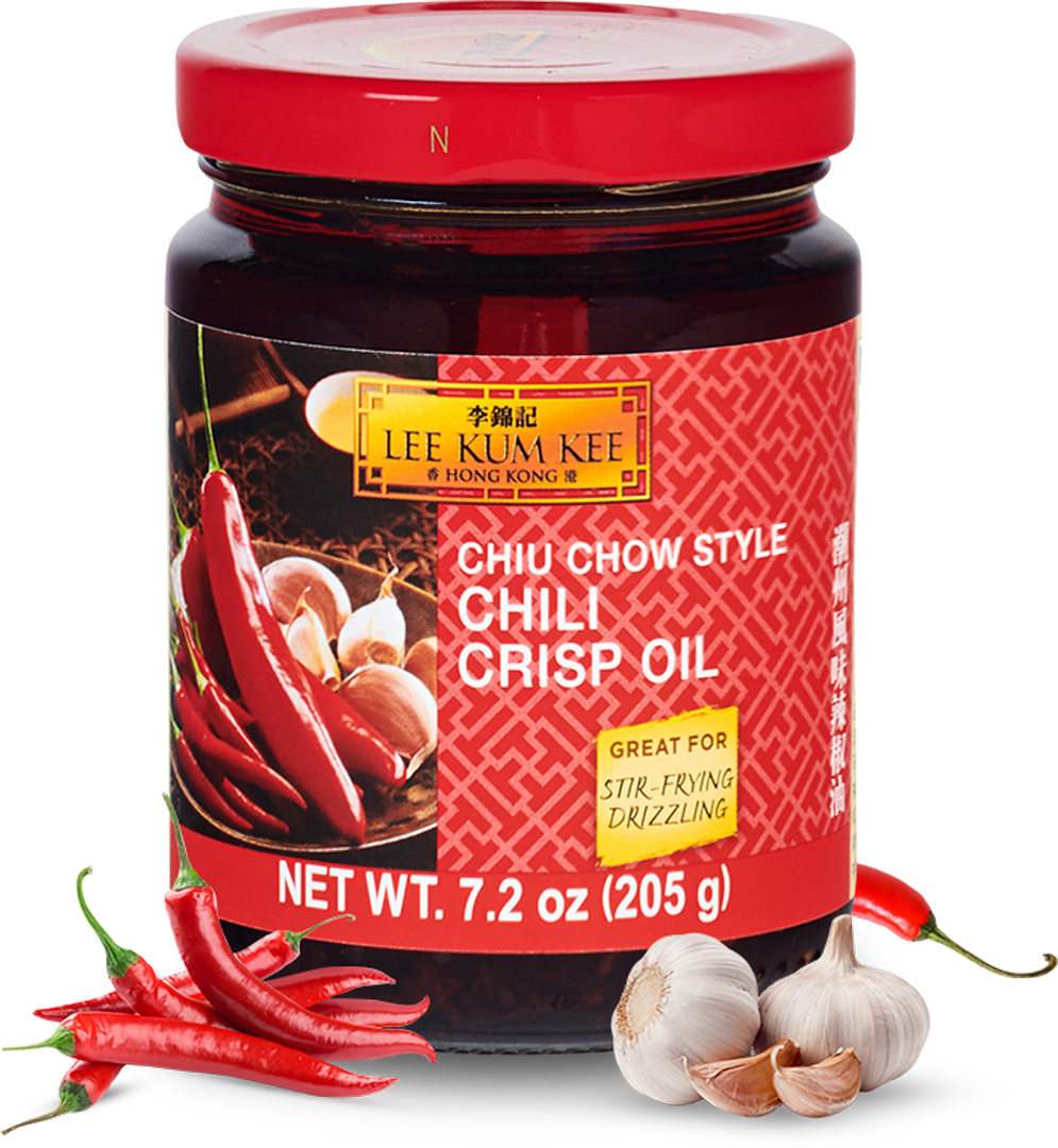Jar of Lee Kum Kee Chili Crisp Oil, a crunchy, spicy chili oil perfect for adding heat and texture to any dish