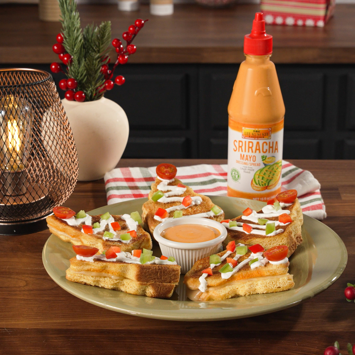 A grilled cheese Christmas Tree sandwich with some extra heat from Lee Kum Kee Sriracha Mayo.