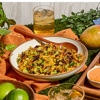 A crispy rice salad recipe drizzled with chili crisp mayo.