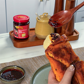 A crispy shawarma recipe brushed with chili crisp oil for extra layers of complex heat.