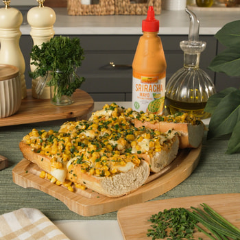 A garlic bread recipe with Korean Corn Cheese and Lee Kum Kee Sriracha Mayo.