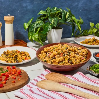 A grilled corn pasta salad with a creamy spicy chipotle dressing.