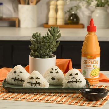 Tuna Onigiri Recipe with a fun Halloween Twist featuring Lee Kum Kee Sriracha Mayo!
