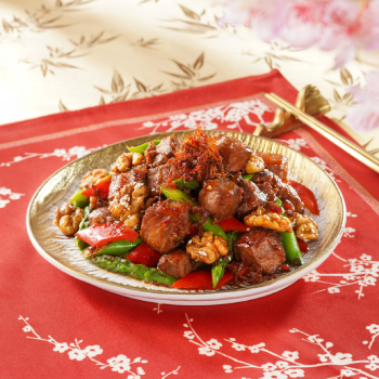 XO Sauce Shrimp Roe and Candied Walnut Beef Bites