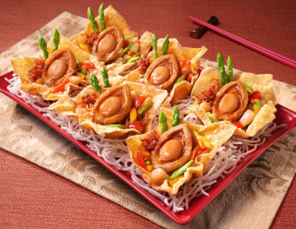 Deluxe Abalone on Fried Wanton Wrappers