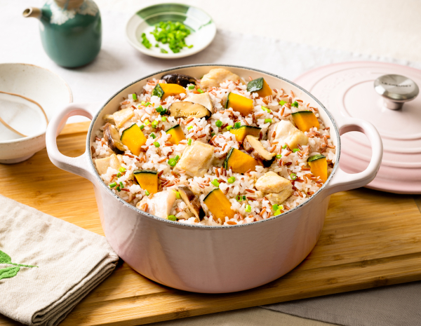 Red Rice with Mushroom Chicken and Pumpkin
