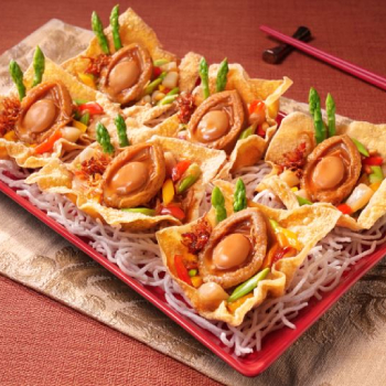 Deluxe Abalone on Fried Wanton Wrappers