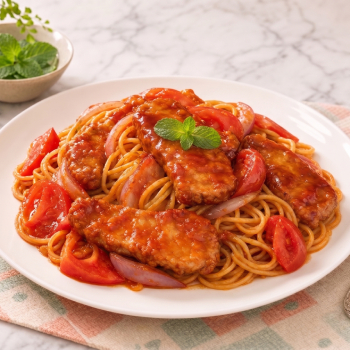 Sweet and Sour Tomato Pork Chop Spaghetti