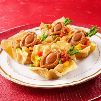 XO Sauce Abalone Dices on Fried Wanton Wrappers